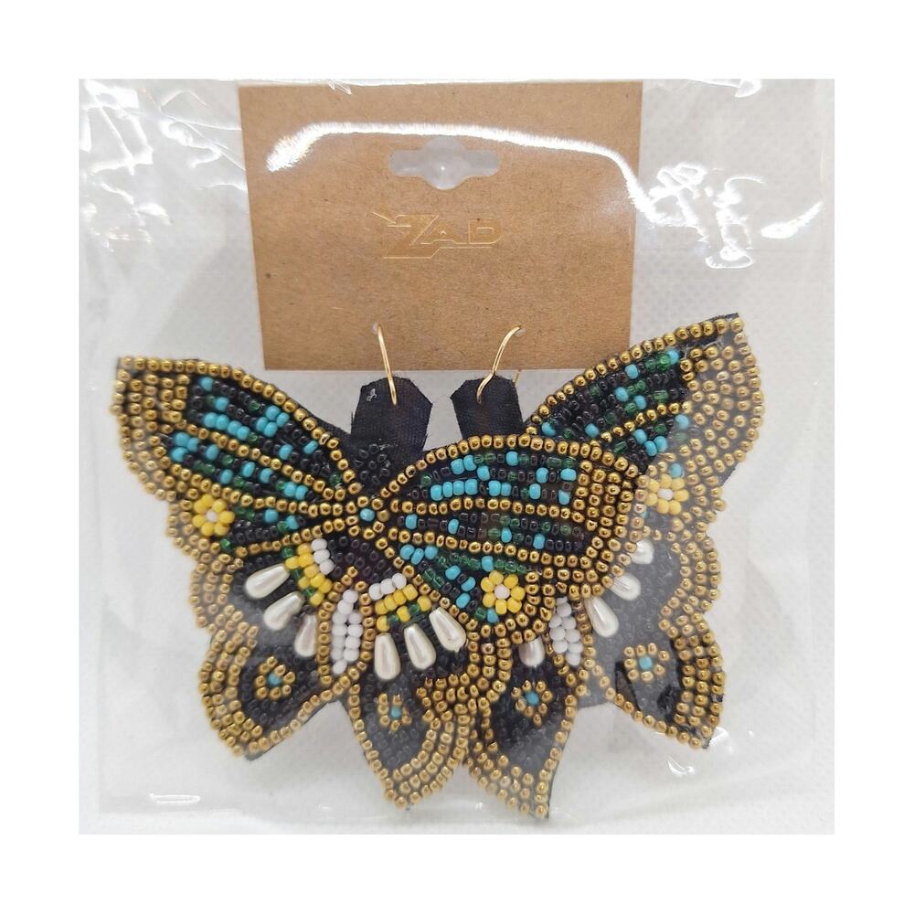 Embroidered Beaded Butterfly Earrings Black/Multi Fish Hook Ear Wires